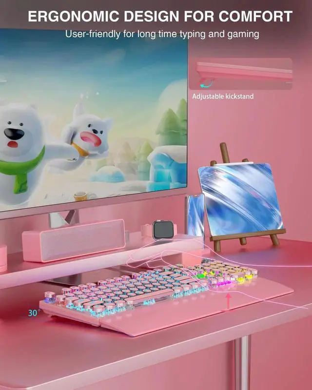 Alt view image 4 of 7 - F2088 Retro Typewriter Style Wired Mechanical Keyboard, Pink Gaming Keyboard with Blue Switches, Rainbow Backlight, Round Keycaps, Media Control Knob and Detachable Wrist Rest