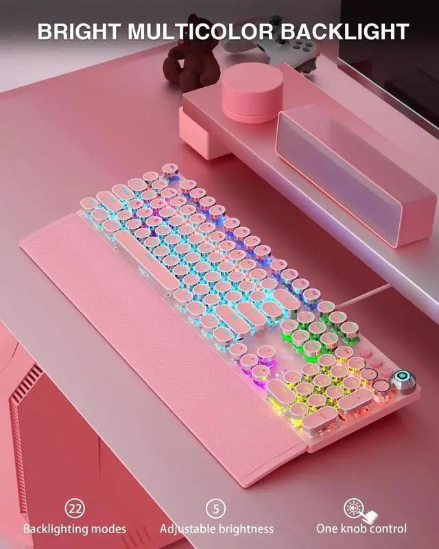 Alt view image 7 of 7 - F2088 Retro Typewriter Style Wired Mechanical Keyboard, Pink Gaming Keyboard with Blue Switches, Rainbow Backlight, Round Keycaps, Media Control Knob and Detachable Wrist Rest