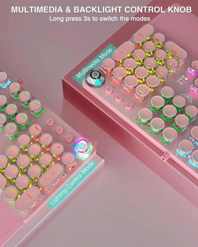 Alt view image 3 of 7 - F2088 Retro Typewriter Style Wired Mechanical Keyboard, Pink Gaming Keyboard with Blue Switches, Rainbow Backlight, Round Keycaps, Media Control Knob and Detachable Wrist Rest