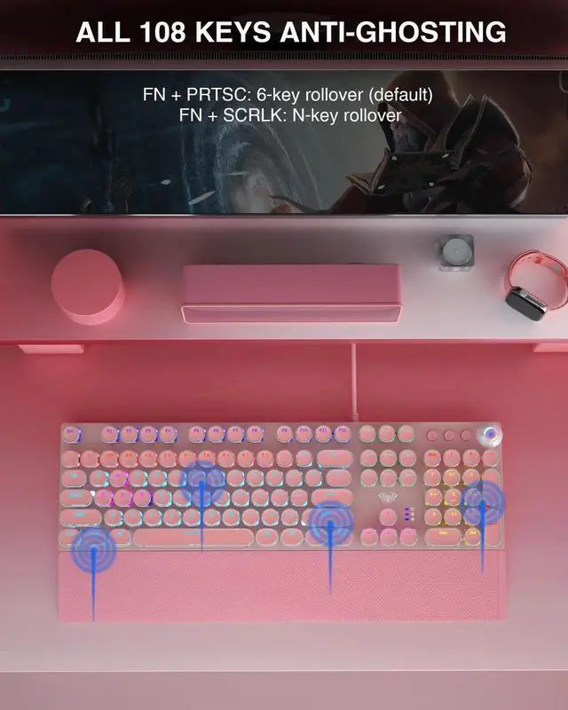 Alt view image 5 of 7 - F2088 Retro Typewriter Style Wired Mechanical Keyboard, Pink Gaming Keyboard with Blue Switches, Rainbow Backlight, Round Keycaps, Media Control Knob and Detachable Wrist Rest