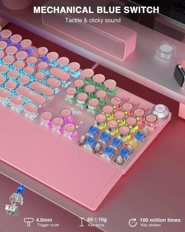 Alt view image 2 of 7 - F2088 Retro Typewriter Style Wired Mechanical Keyboard, Pink Gaming Keyboard with Blue Switches, Rainbow Backlight, Round Keycaps, Media Control Knob and Detachable Wrist Rest