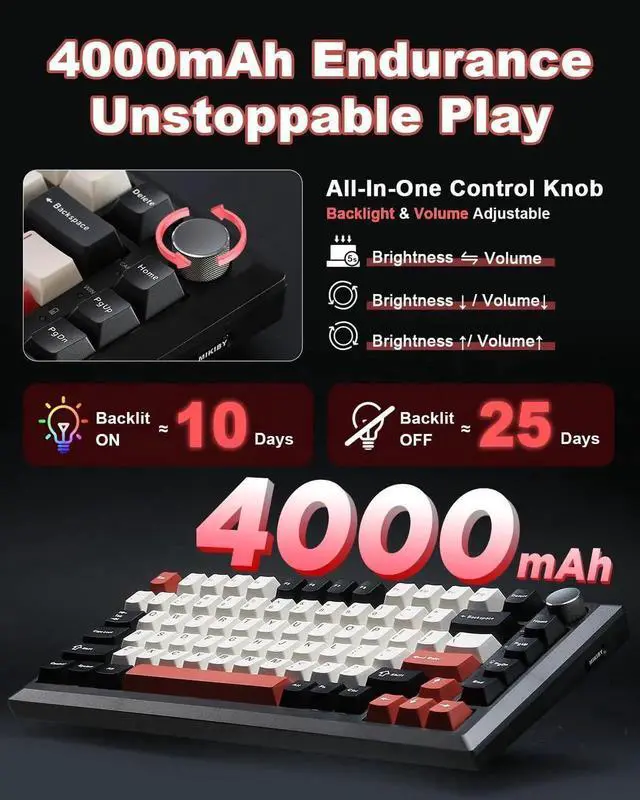 Alt view image 6 of 7 - Y75 75% Tri-Mode Wireless Mechanical Keyboard with Control Knob, Hot Swappable RGB Gaming Keyboard, PBT Keycaps, 2.4G/BT5.0/USB-C, Black Red Colorway with Milk Switch
