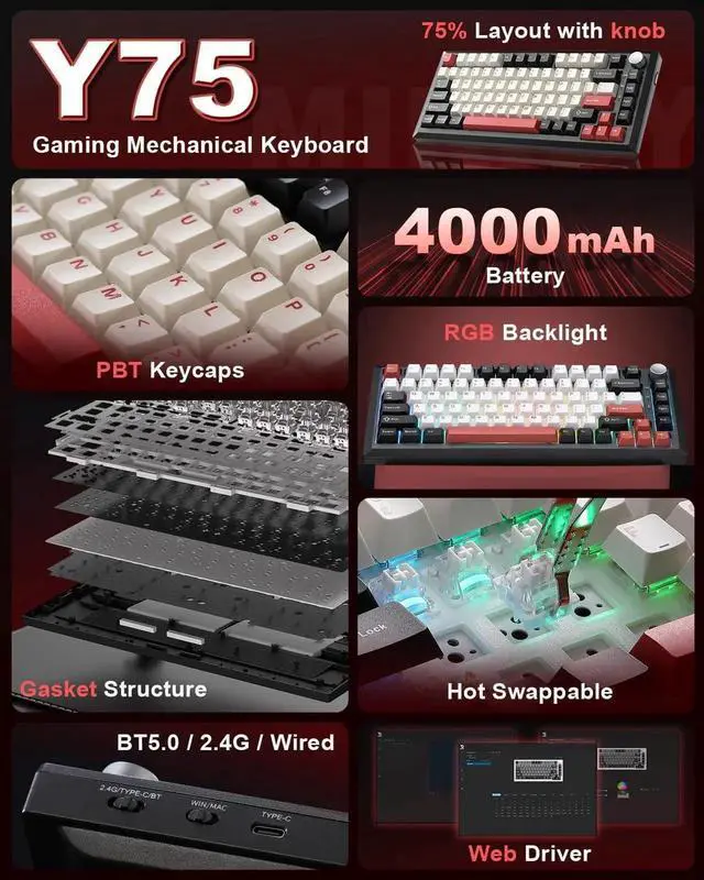 Alt view image 7 of 7 - Y75 75% Tri-Mode Wireless Mechanical Keyboard with Control Knob, Hot Swappable RGB Gaming Keyboard, PBT Keycaps, 2.4G/BT5.0/USB-C, Black Red Colorway with Milk Switch