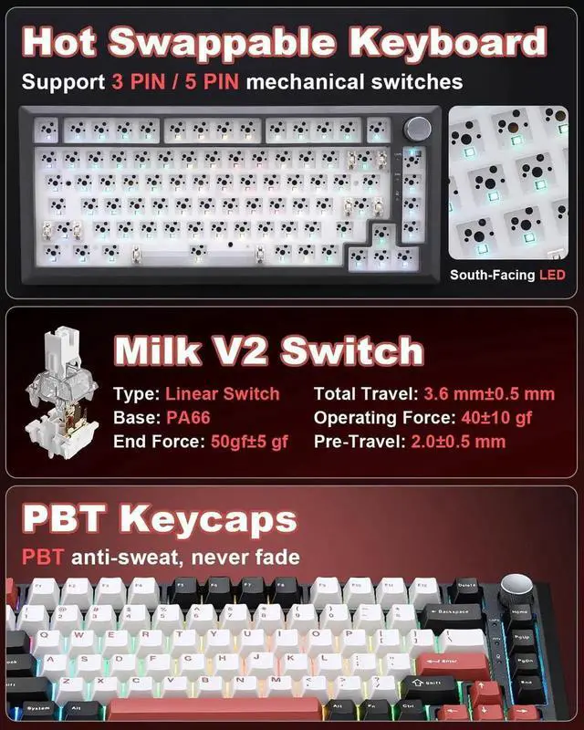 Alt view image 4 of 7 - Y75 75% Tri-Mode Wireless Mechanical Keyboard with Control Knob, Hot Swappable RGB Gaming Keyboard, PBT Keycaps, 2.4G/BT5.0/USB-C, Black Red Colorway with Milk Switch