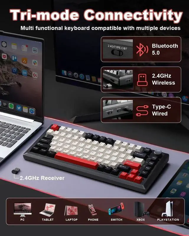Alt view image 2 of 7 - Y75 75% Tri-Mode Wireless Mechanical Keyboard with Control Knob, Hot Swappable RGB Gaming Keyboard, PBT Keycaps, 2.4G/BT5.0/USB-C, Black Red Colorway with Milk Switch