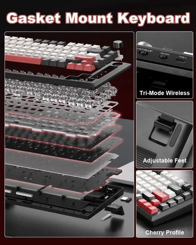 Alt view image 5 of 7 - Y75 75% Tri-Mode Wireless Mechanical Keyboard with Control Knob, Hot Swappable RGB Gaming Keyboard, PBT Keycaps, 2.4G/BT5.0/USB-C, Black Red Colorway with Milk Switch