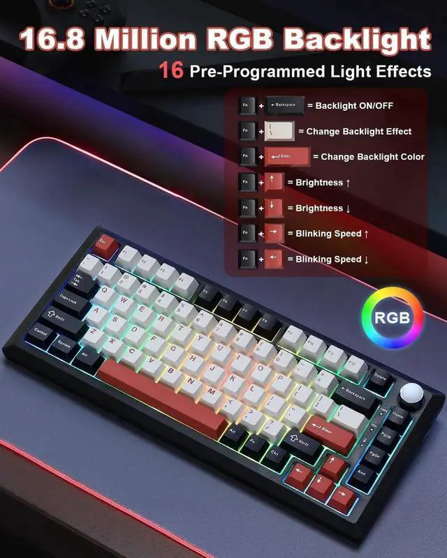 Alt view image 3 of 7 - Y75 75% Tri-Mode Wireless Mechanical Keyboard with Control Knob, Hot Swappable RGB Gaming Keyboard, PBT Keycaps, 2.4G/BT5.0/USB-C, Black Red Colorway with Milk Switch