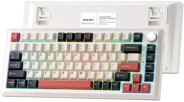 Main image of Y75 75% Tri-Mode Wireless Mechanical Keyboard with Knob, Hot Swappable RGB Gaming Keyboard, PBT Keycaps, 2.4G Bluetooth 5.0 USB-C Keyboard White Red with Milk Switch