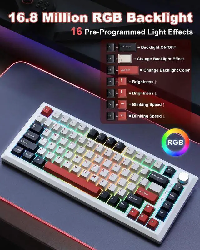 Alt view image 2 of 7 - Y75 75% Tri-Mode Wireless Mechanical Keyboard with Knob, Hot Swappable RGB Gaming Keyboard, PBT Keycaps, 2.4G Bluetooth 5.0 USB-C Keyboard White Red with Milk Switch