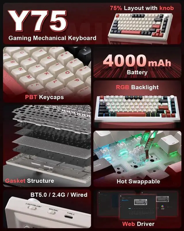 Alt view image 6 of 7 - Y75 75% Tri-Mode Wireless Mechanical Keyboard with Knob, Hot Swappable RGB Gaming Keyboard, PBT Keycaps, 2.4G Bluetooth 5.0 USB-C Keyboard White Red with Milk Switch