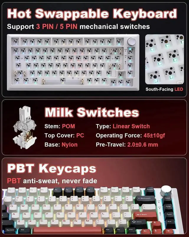 Alt view image 4 of 7 - Y75 75% Tri-Mode Wireless Mechanical Keyboard with Knob, Hot Swappable RGB Gaming Keyboard, PBT Keycaps, 2.4G Bluetooth 5.0 USB-C Keyboard White Red with Milk Switch