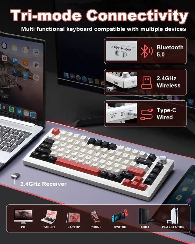 Alt view image 3 of 7 - Y75 75% Tri-Mode Wireless Mechanical Keyboard with Knob, Hot Swappable RGB Gaming Keyboard, PBT Keycaps, 2.4G Bluetooth 5.0 USB-C Keyboard White Red with Milk Switch