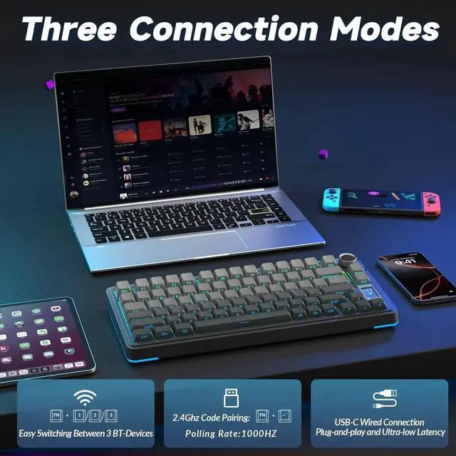 Alt view image 4 of 7 - S75 PRO 75% Tri-Mode Wireless Mechanical Keyboard with Screen & Knob, Hot Swappable Gaming Keyboard, Pre-lubed Switches, RGB Backlit, Side Printed PBT Keycaps, Creamy Sound Computer Keyboard
