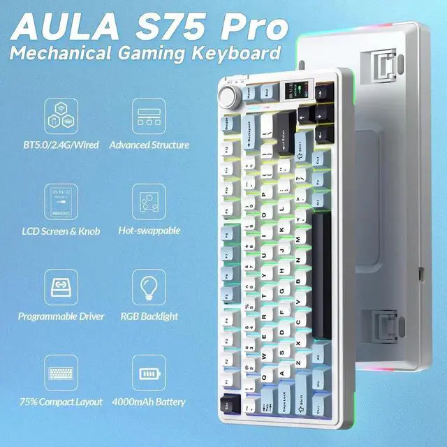 Alt view image 2 of 7 - S75 PRO 75% Tri-Mode Wireless Mechanical Keyboard with Screen & Knob, Hot Swappable Gaming Keyboard, Pre-lubed Switches RGB Backlit PBT Keycaps Creamy Sound Keyboard for PC
