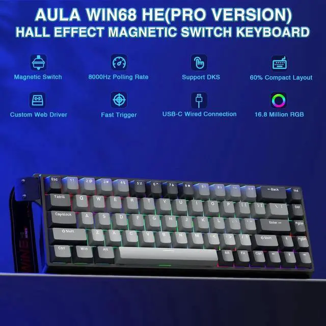 Alt view image 7 of 7 - WIN68 HE PRO 60% Wired Hall Effect Gaming Keyboard, Magnetic Switch Keyboard with Adjustable Actuation, Fast Trigger, 8KHz Polling Rate, RGB Backlit Compact Keyboard