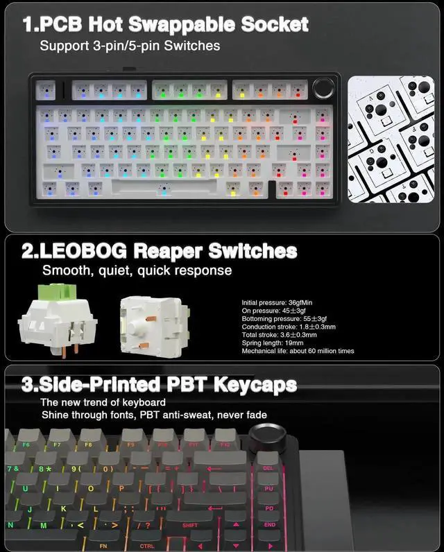 Alt view image 3 of 7 - F75 Pro 75% Gasket Hot Swappable Wireless Mechanical Keyboard & SC580 Wireless Gaming Mouse Combo, Black Keyboard Mouse Set