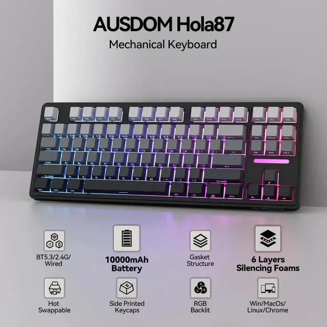Alt view image 3 of 7 - H87 Tri-Mode Wireless Mechanical Keyboard, 10000mAh Large Battery Gasket Hot Swappable Keyboard, RGB Backlit Side Printed PBT Keycaps BT5.3/2.4G/USB-C Black Grey Gaming Keyboard