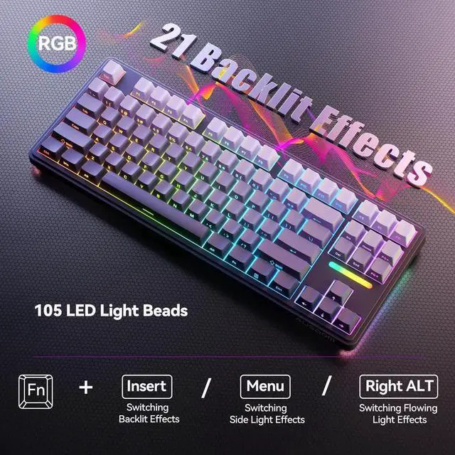 Alt view image 7 of 7 - H87 Tri-Mode Wireless Mechanical Keyboard, 10000mAh Large Battery Gasket Hot Swappable Keyboard, RGB Backlit Side Printed PBT Keycaps BT5.3/2.4G/USB-C Black Grey Gaming Keyboard