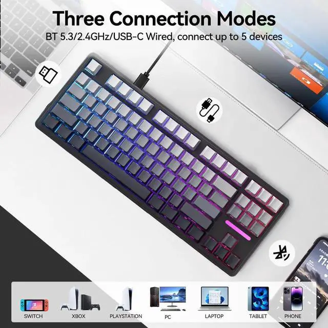 Alt view image 5 of 7 - H87 Tri-Mode Wireless Mechanical Keyboard, 10000mAh Large Battery Gasket Hot Swappable Keyboard, RGB Backlit Side Printed PBT Keycaps BT5.3/2.4G/USB-C Black Grey Gaming Keyboard