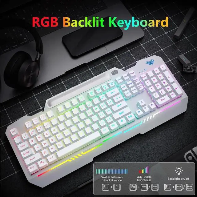 Alt view image 4 of 7 - T102 104 Keys Wired Gaming Keyboard and Mouse Combo, Full Size Mechanical Feel RGB Backlit Keyboard Set White for PC Laptop Office Gaming