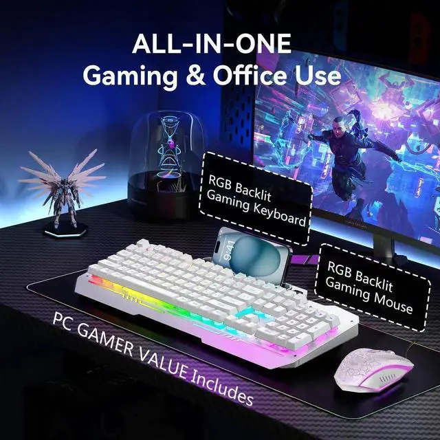 Alt view image 5 of 7 - T102 104 Keys Wired Gaming Keyboard and Mouse Combo, Full Size Mechanical Feel RGB Backlit Keyboard Set White for PC Laptop Office Gaming