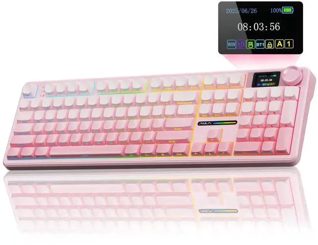 Main image of F108 PRO Full Size Tri-Mode Wireless Mechanical Keyboard with Screen & Knob, 8000mAh Battery Hot Swappable Pink Keyboard Pre-lubed Switch Side Printed PBT Keycaps RGB Backlit
