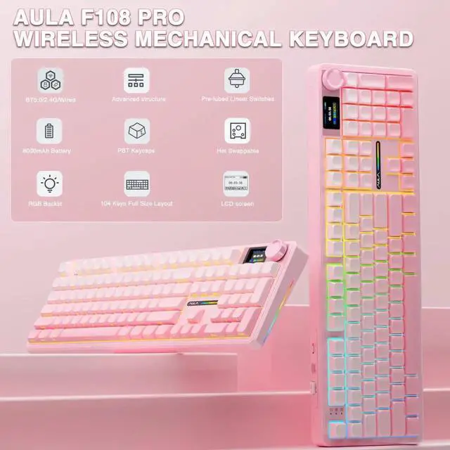 Alt view image 4 of 7 - F108 PRO Full Size Tri-Mode Wireless Mechanical Keyboard with Screen & Knob, 8000mAh Battery Hot Swappable Pink Keyboard Pre-lubed Switch Side Printed PBT Keycaps RGB Backlit