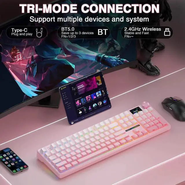 Alt view image 3 of 7 - F108 PRO Full Size Tri-Mode Wireless Mechanical Keyboard with Screen & Knob, 8000mAh Battery Hot Swappable Pink Keyboard Pre-lubed Switch Side Printed PBT Keycaps RGB Backlit