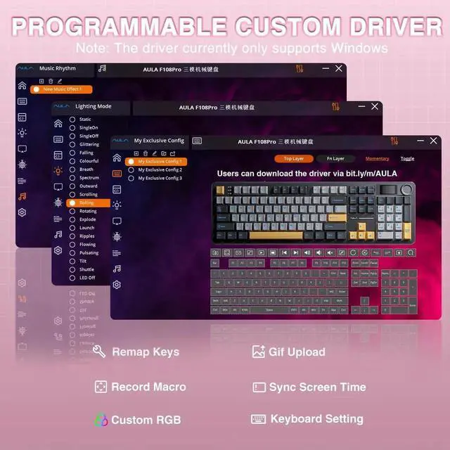 Alt view image 6 of 7 - F108 PRO Full Size Tri-Mode Wireless Mechanical Keyboard with Screen & Knob, 8000mAh Battery Hot Swappable Pink Keyboard Pre-lubed Switch Side Printed PBT Keycaps RGB Backlit