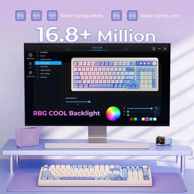 Alt view image 5 of 7 - 99 Keys Tri-Mode Wireless Gaming Keyboard, Purple Creamy Sound Keyboard with Numpad, Media Knob RGB Backlit Custom Mechanical Feel Keyboard for MAC Xbox PC Gamers