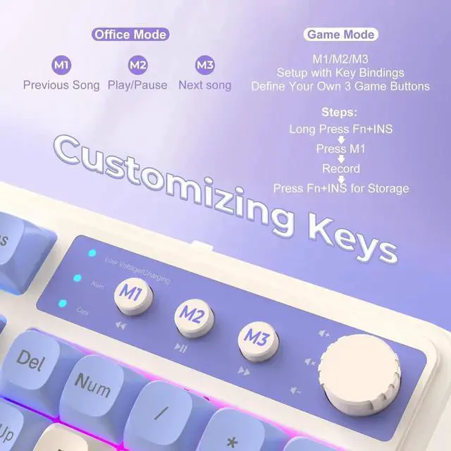 Alt view image 7 of 7 - 99 Keys Tri-Mode Wireless Gaming Keyboard, Purple Creamy Sound Keyboard with Numpad, Media Knob RGB Backlit Custom Mechanical Feel Keyboard for MAC Xbox PC Gamers