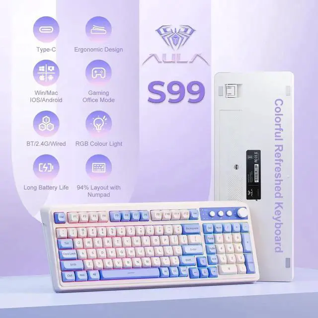 Alt view image 4 of 7 - 99 Keys Tri-Mode Wireless Gaming Keyboard, Purple Creamy Sound Keyboard with Numpad, Media Knob RGB Backlit Custom Mechanical Feel Keyboard for MAC Xbox PC Gamers
