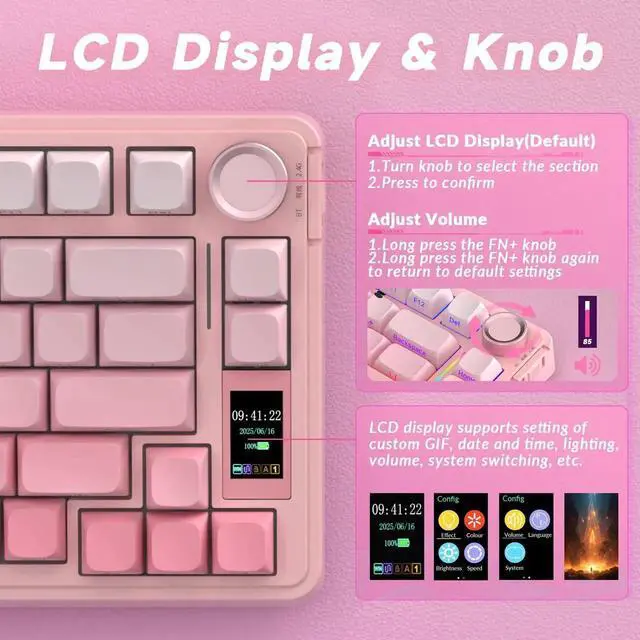 Alt view image 6 of 7 - 75% S75 PRO Wireless Mechanical Keyboard with Screen & Knob, Tri-Mode Hot Swappable Gaming Keyboard, Pre-lubed Switch, RGB Backlit Side Printed PBT Keycaps Creamy Sound Pink Keyboard