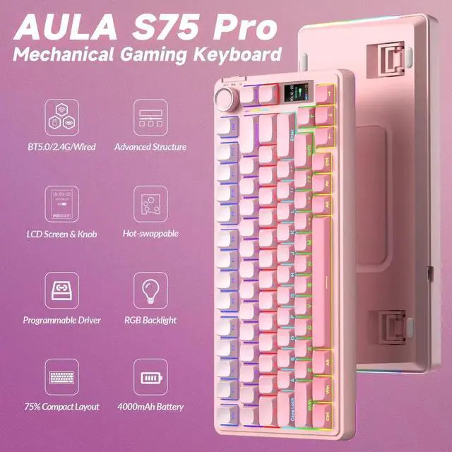 Alt view image 2 of 7 - 75% S75 PRO Wireless Mechanical Keyboard with Screen & Knob, Tri-Mode Hot Swappable Gaming Keyboard, Pre-lubed Switch, RGB Backlit Side Printed PBT Keycaps Creamy Sound Pink Keyboard