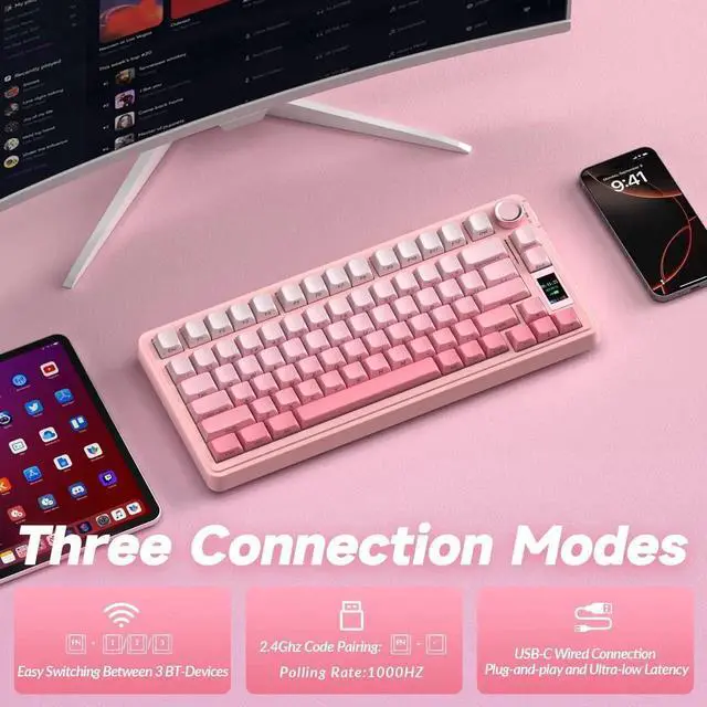 Alt view image 7 of 7 - 75% S75 PRO Wireless Mechanical Keyboard with Screen & Knob, Tri-Mode Hot Swappable Gaming Keyboard, Pre-lubed Switch, RGB Backlit Side Printed PBT Keycaps Creamy Sound Pink Keyboard