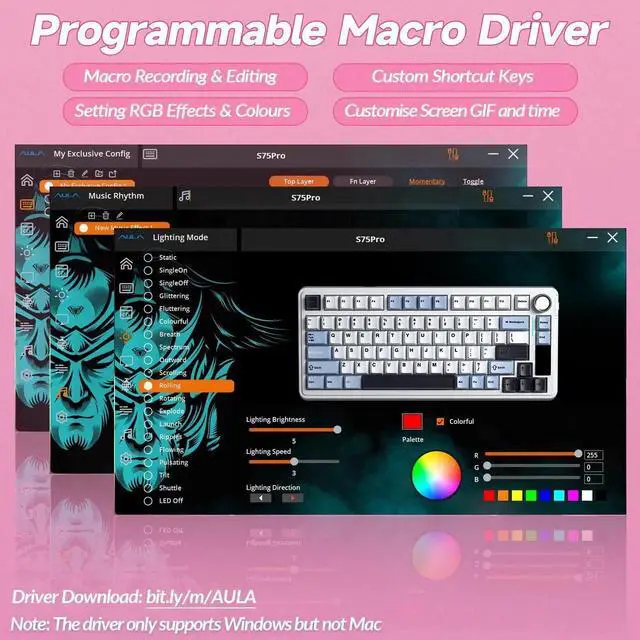 Alt view image 5 of 7 - 75% S75 PRO Wireless Mechanical Keyboard with Screen & Knob, Tri-Mode Hot Swappable Gaming Keyboard, Pre-lubed Switch, RGB Backlit Side Printed PBT Keycaps Creamy Sound Pink Keyboard