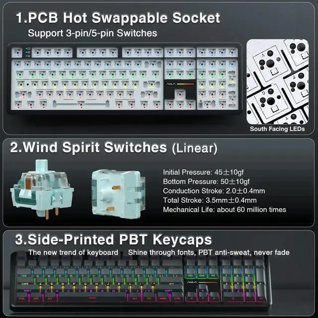 Alt view image 5 of 7 - F108 Wireless Mechanical Keyboard, 108 Keys Full Size Gaming Keyboard with Number Pad, Side Printed PBT Keycaps, Pre-lubed Switch, RGB Backlit Hot Swappable Creamy Sound Keyboard