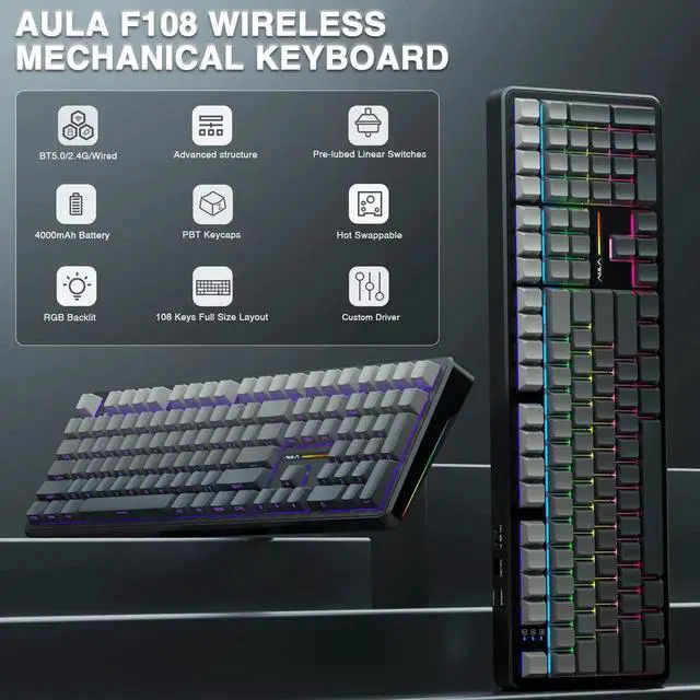 Alt view image 2 of 7 - F108 Wireless Mechanical Keyboard, 108 Keys Full Size Gaming Keyboard with Number Pad, Side Printed PBT Keycaps, Pre-lubed Switch, RGB Backlit Hot Swappable Creamy Sound Keyboard