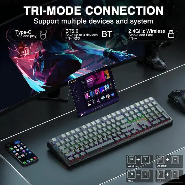 Alt view image 4 of 7 - F108 Wireless Mechanical Keyboard, 108 Keys Full Size Gaming Keyboard with Number Pad, Side Printed PBT Keycaps, Pre-lubed Switch, RGB Backlit Hot Swappable Creamy Sound Keyboard