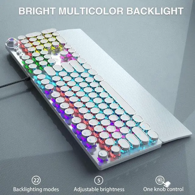 Alt view image 3 of 7 - F2088 Retro Typewriter Mechanical Keyboard, White Wired Gaming Keyboard with Blue Switch, Rainbow Backlit, Round Keycaps, Media Control Knob & Detachable Wrist Rest
