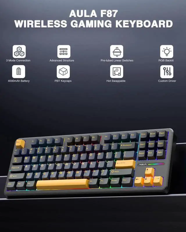 Alt view image 7 of 7 - F87 Wireless Mechanical Keyboard, 75% TKL Hot Swappable Gaming Keyboard, PBT Keycaps Pre-lubed Greywood Switch RGB Backlit Creamy Typing Keyboard, Tri-Mode 2.4G USB-C BT5.0