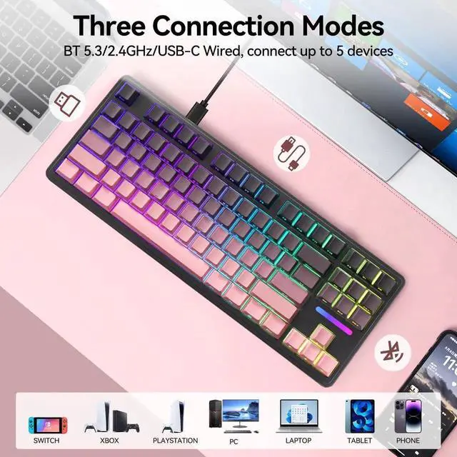 Alt view image 5 of 7 - Tri-Mode Wireless Mechanical Gaming Keyboard, 10000mAh Large Battery Hot Swappable Keyboard, RGB Backlit Side Printed PBT Keycaps, 15-Layer Gasket Structure Keyboard Black Pink