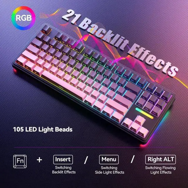 Alt view image 3 of 7 - Tri-Mode Wireless Mechanical Gaming Keyboard, 10000mAh Large Battery Hot Swappable Keyboard, RGB Backlit Side Printed PBT Keycaps, 15-Layer Gasket Structure Keyboard Black Pink