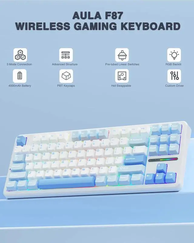 Alt view image 3 of 7 - F87 Wireless Mechanical Keyboard, 75% TKL Hot Swappable Gaming Keyboard, Pre-lubed Greywood Switch, RGB Backlit Creamy Typing Keyboard, Tri-Mode 2.4G BT5.0 USB-C