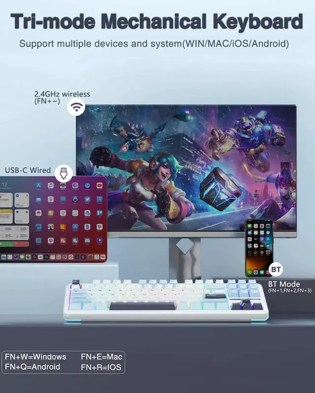 Alt view image 2 of 7 - F87 75% TKL Wireless Mechanical Keyboard, Tri-Mode 2.4G BT5.0 USB-C Hot Swappable Gaming Keyboard, Pre-lubed Greywood Switch, RGB Backlit PBT Keycaps Creamy Typing Keyboard
