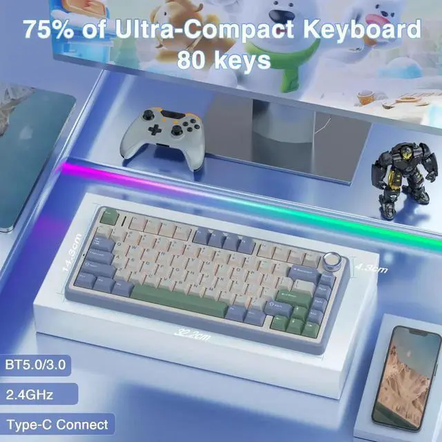 Alt view image 3 of 7 - F75 75% Wireless Mechanical Keyboard, Tri-Mode 2.4G Type-C BT5.0 Hot Swappable Gaming Keyboard, Pre-lubed Reaper Switch RGB Backlit Creamy Typing Keyboard White Green