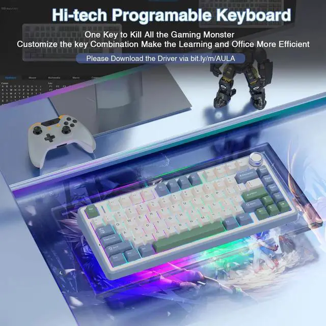 Alt view image 7 of 7 - F75 75% Wireless Mechanical Keyboard, Tri-Mode 2.4G Type-C BT5.0 Hot Swappable Gaming Keyboard, Pre-lubed Reaper Switch RGB Backlit Creamy Typing Keyboard White Green
