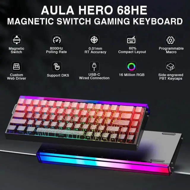 Alt view image 6 of 7 - Hero 68 HE 60% Wired Gaming Keyboard, Hall Effect Magnetic Switch Keyboard, 8K Hz Polling Rate, Side Printed PBT Keycaps, RGB Light Box Custom Software Keyboard for PC Mac