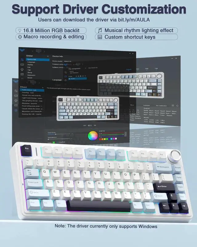 Alt view image 4 of 7 - F75 75% Tri-Mode Wireless Mechanical Keyboard, Hot Swappable Gaming Keyboard with Pre-lubed Reaper Switch, RGB Backlit Creamy Typing Keyboard 2.4G BT5.0 Type-C White Blue