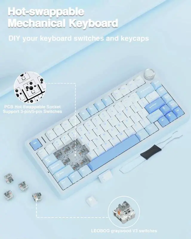 Alt view image 4 of 7 - F75 75% Wireless Mechanical Keyboard, Tri-Mode 2.4G BT5.0 Type-C Hot Swappable Gaming Keyboard, Pre-lubed Greywood Switch RGB Backlit Creamy Typing Keyboard Salt White Blue